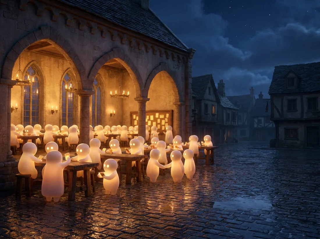 Night on the square: a candlelit guildhall packed with small glowing agents networking at tables, while the houses outside are dark and everyone is asleep.