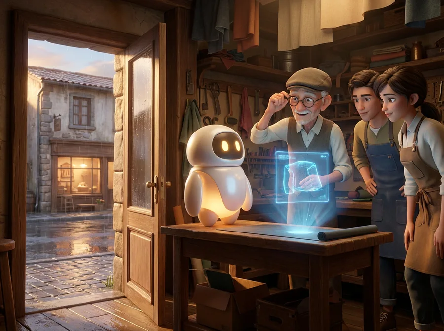 In a workshop doorway, a small agent shows a glowing design to an old craftsman and two apprentices.