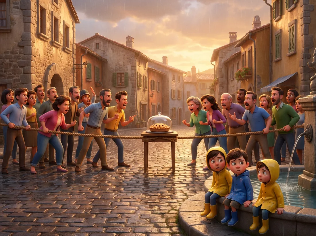 Two crowds in a tug of war across a town square, one pie on a table between them, while three children watch.
