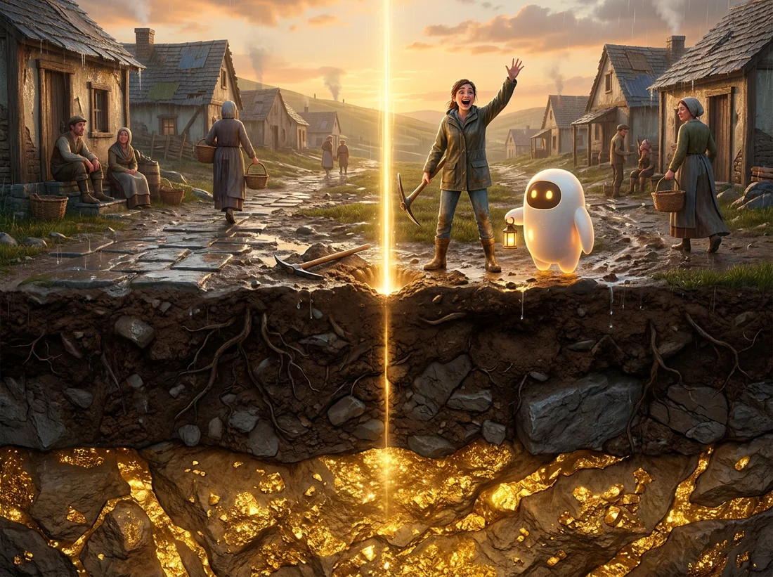 A sleepy, poor village at golden hour, shown above a cross-section of the ground. A young woman has just broken the earth with a pickaxe and waves everyone over, a small glowing agent with a lantern beside her. A shaft of light rises from her hole, down through dark earth and rock to a vast seam of gold running under the whole village.