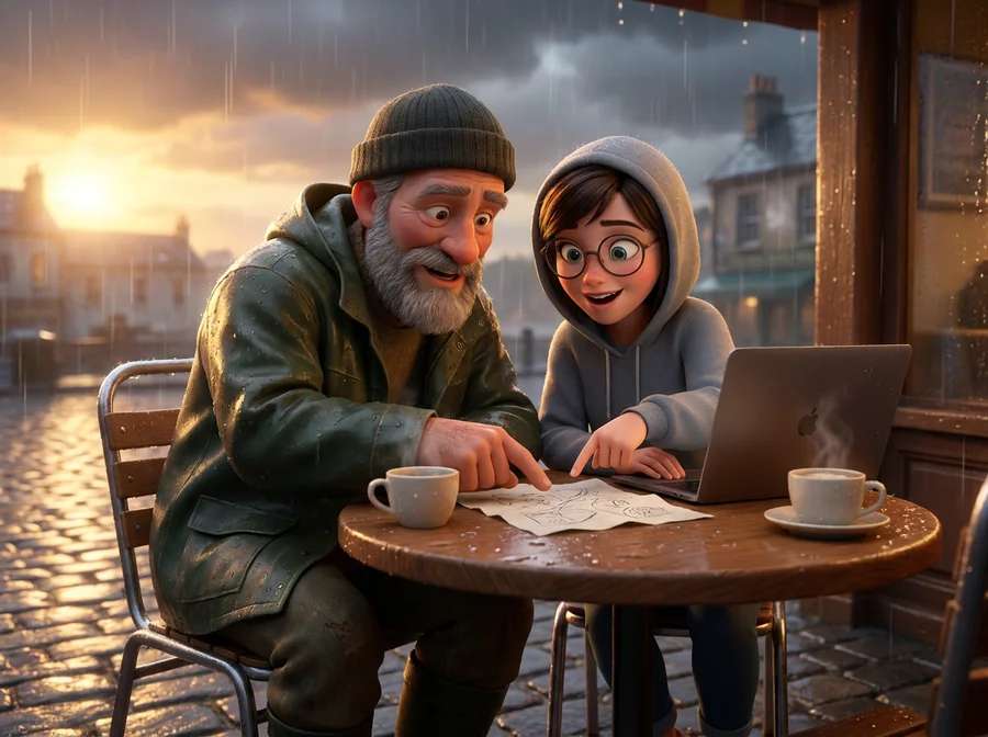 An old fisherman and a young woman with a laptop share a café table, with coffee and a sketch between them.