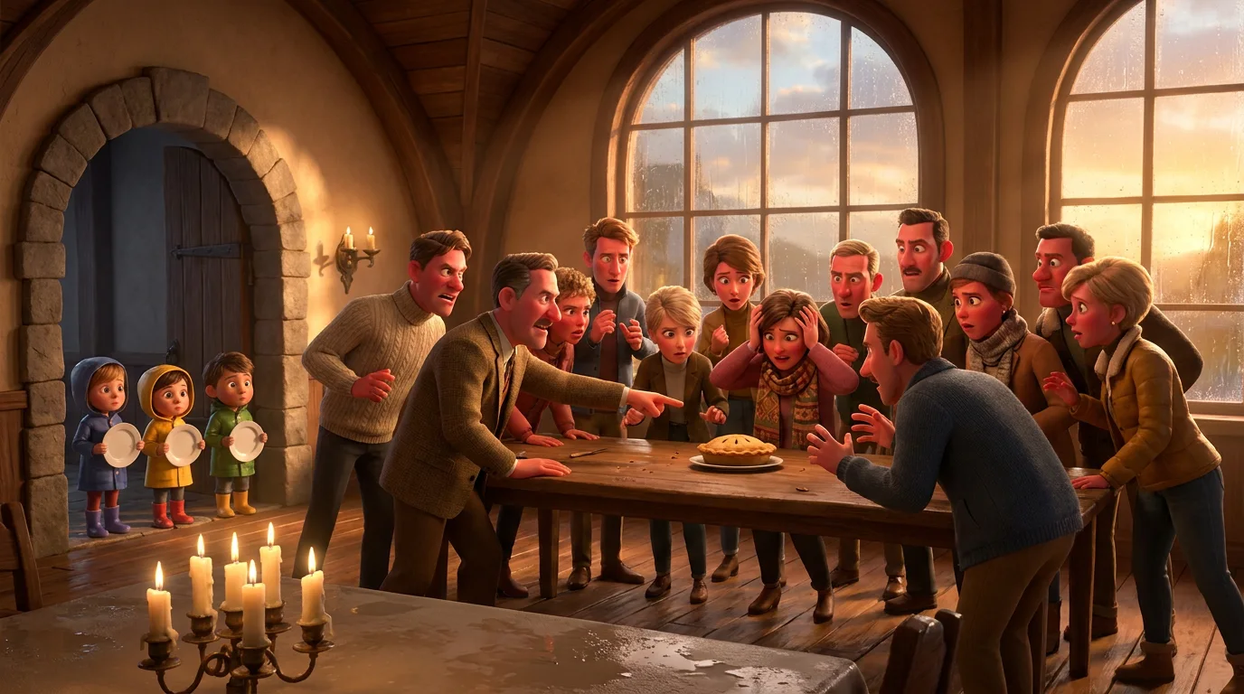 A crowded hall where adults argue over one small pie on a table, while children wait by the door holding empty plates.