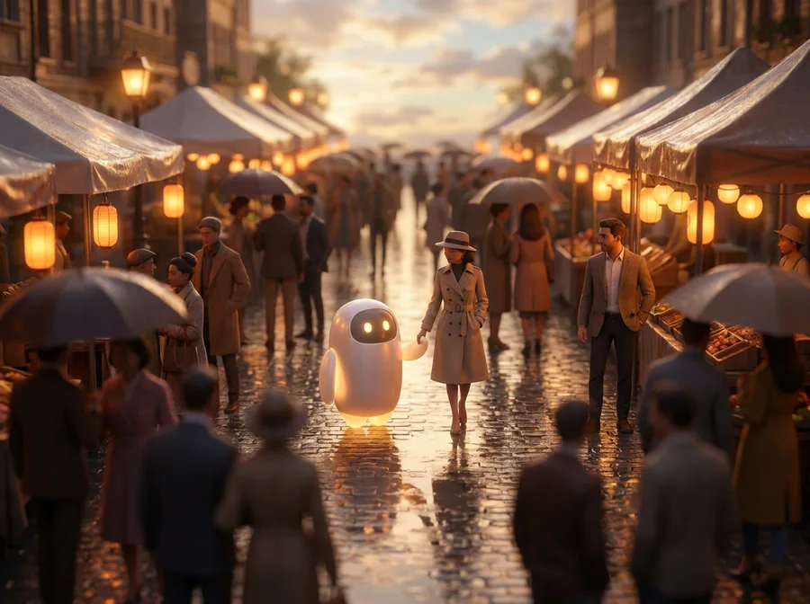 A busy market street at dusk, with a small agent walking beside one woman through the crowd.