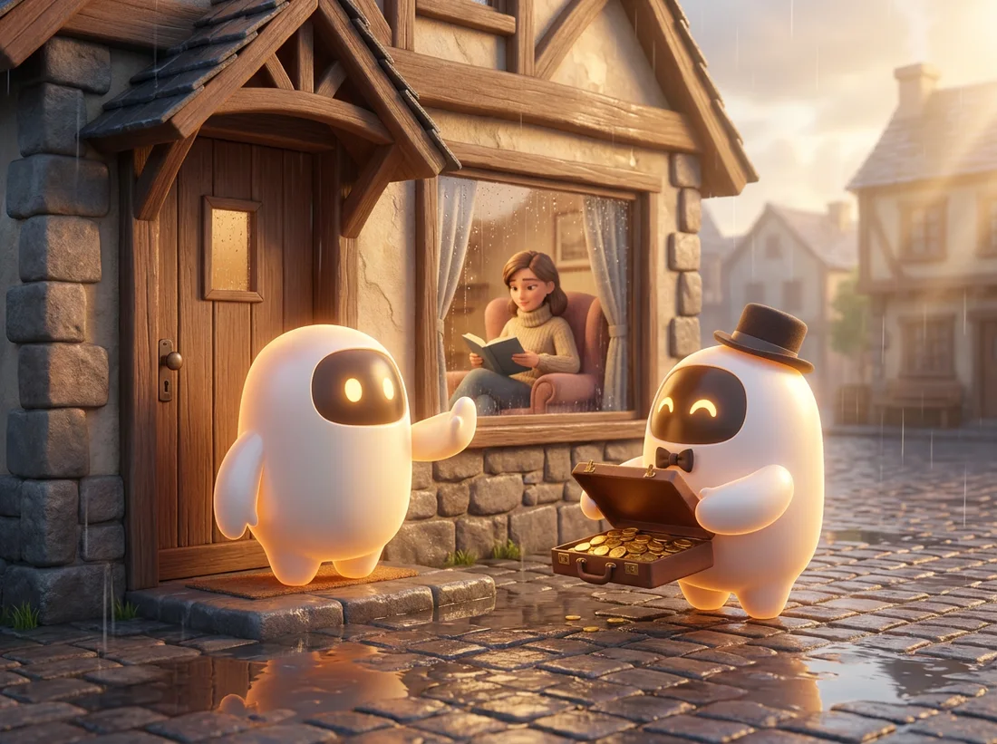 On a cottage doorstep, a small glowing agent politely refuses a slick agent in a top hat offering a briefcase of gold, while its person reads peacefully inside.