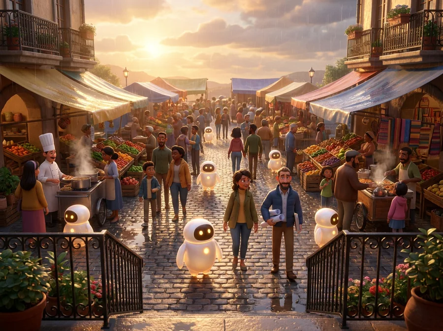 A packed market square at golden hour: traders, makers, a chef, families, each walking beside a small glowing agent.